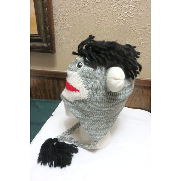 NWT GREY SOCK MONKEY HAT Knit ADULT classic black lining costume - Picture 2 of 6